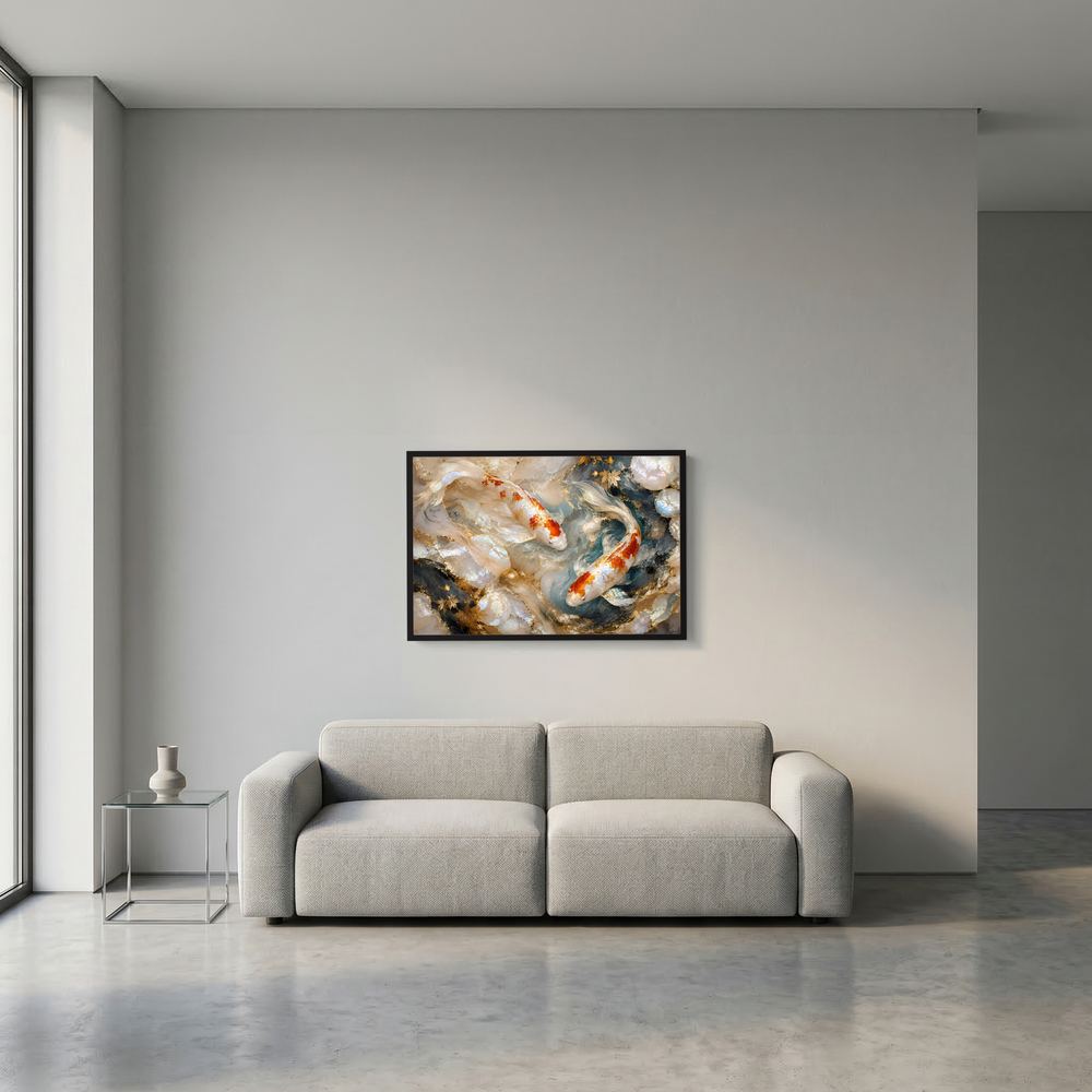 Kleines Poster mit Koi-Fischen in Perlmutt- und Goldtönen, schwarzer Rahmen