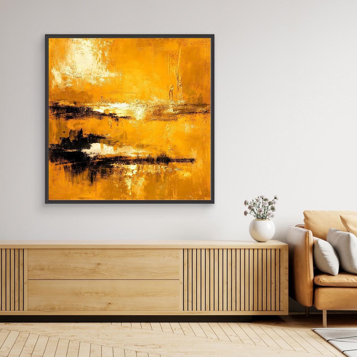 Leinwand Abstrakte Goldlandschaft am See | Modernes Elegantes Horizont Wandbild