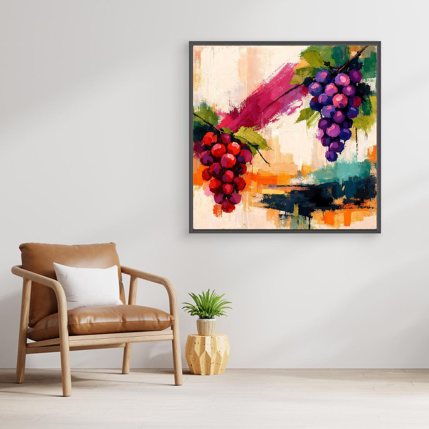 Framed abstract grape still life wall art with red and purple grape clusters
