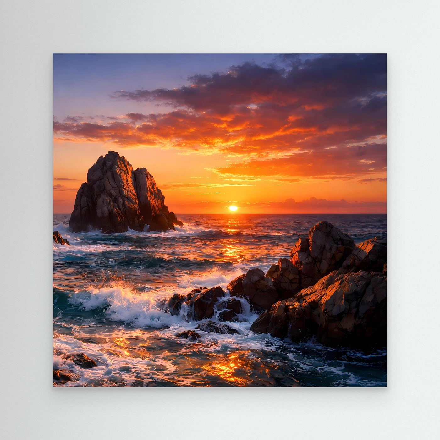 Leinwand-Wandbild mit Sonnenuntergang am Meer: Felsklippen, Wellen, ohne sichtbaren Rahmen