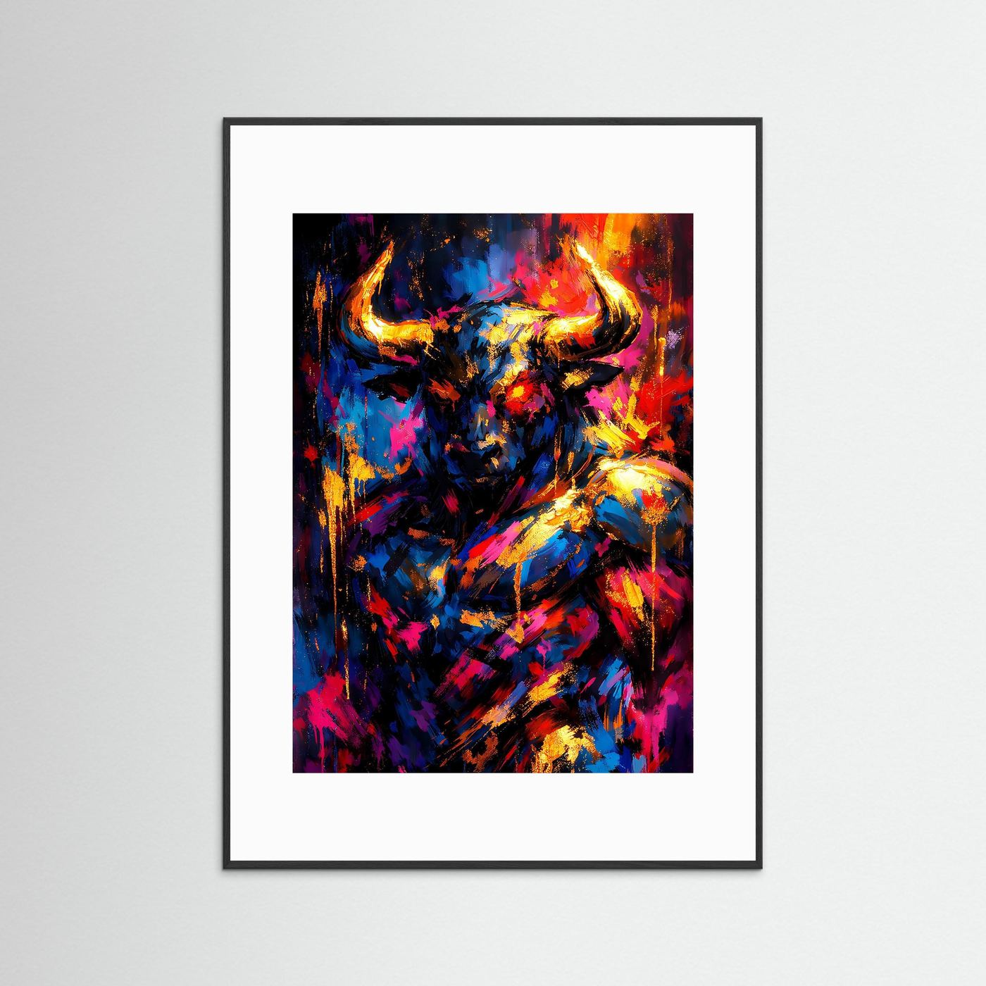 Sternzeichen-Poster Stier in Neonfarben und Gold mit schwarzem Rahmen & weißem Passepartout