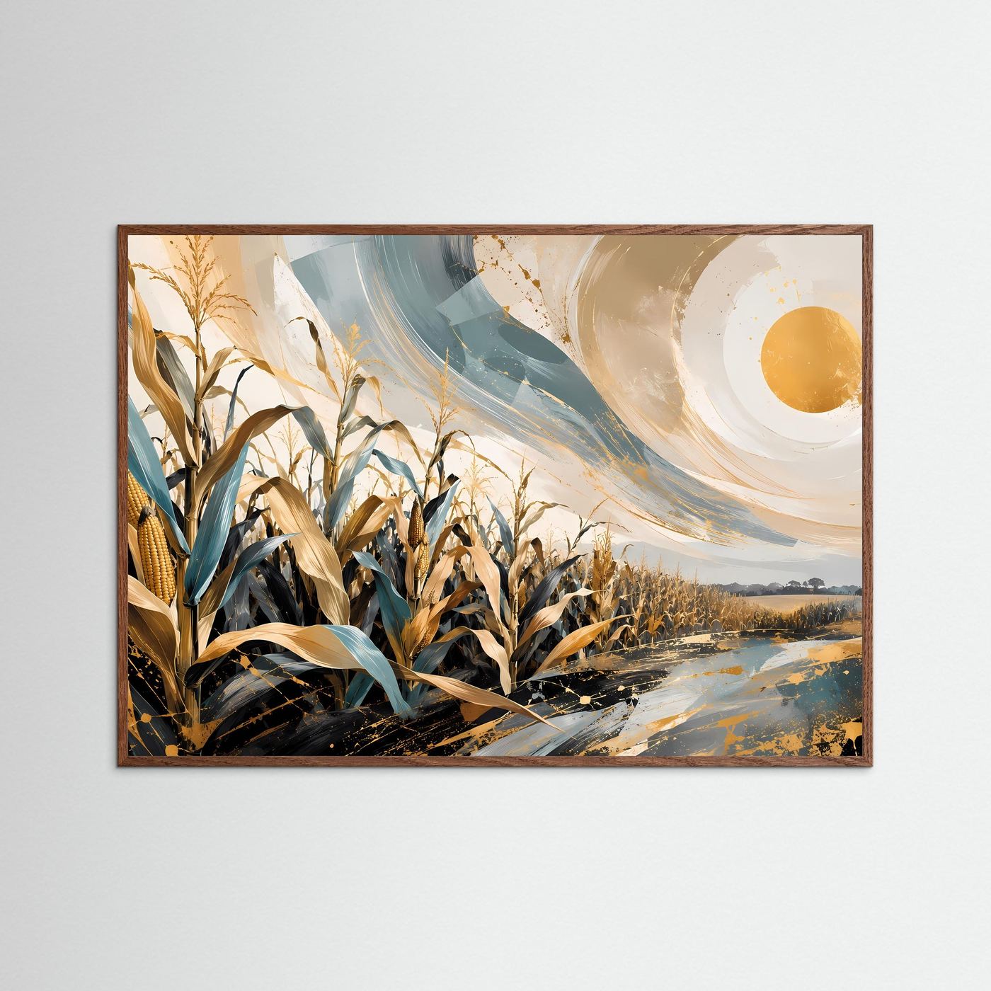 Maisfeld Poster | Abstrakte Landschaft Wandbild | Gold Blau Naturkunst | Modernes Feld Panorama | Eleganter Kunstdruck