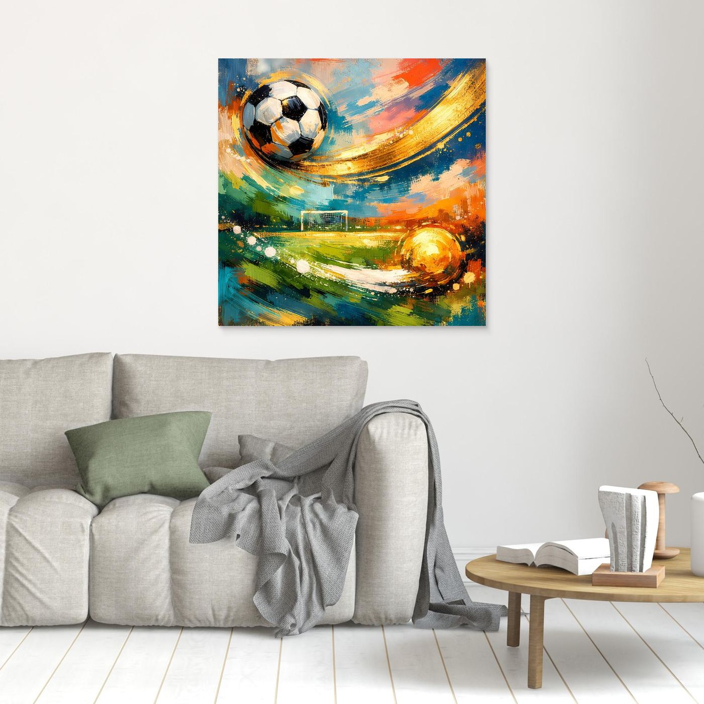 Abstraktes Leinwandbild mit Fußball, goldener Bahn und bunten Farbflächen, ohne Rahmen