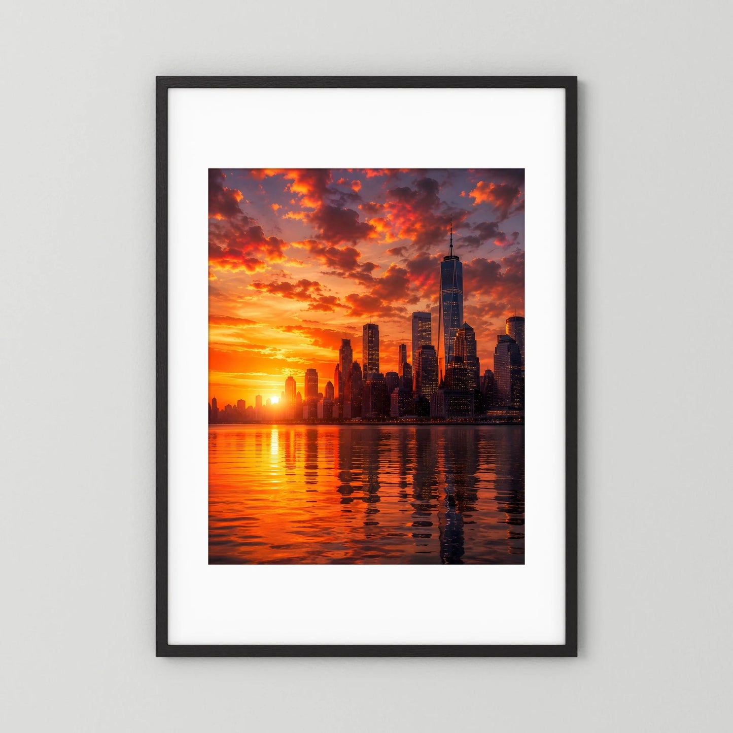 Stadtposter mit Skyline bei Sonnenuntergang, schwarzer Rahmen mit weißem Passepartout
