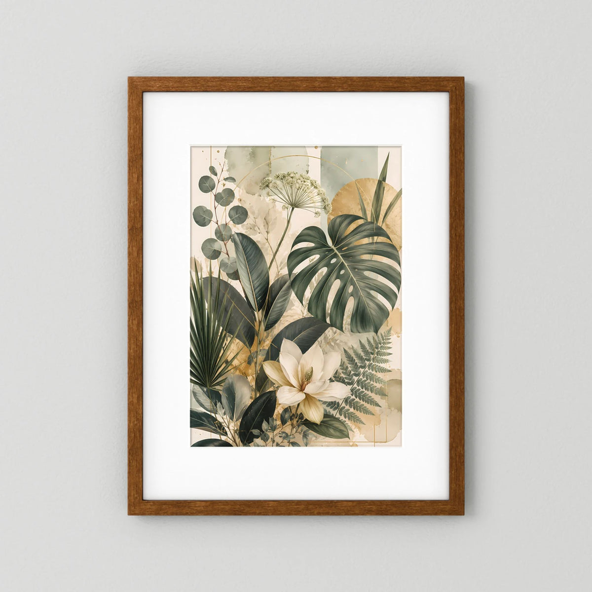 Hochformatiges Pflanzenposter mit Magnolienblüte und grünen Blättern, brauner Holzrahmen