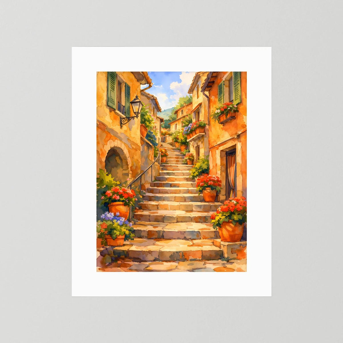 Ungefasstes Poster mit mediterraner Gasse, Treppe und Blumen in Töpfen