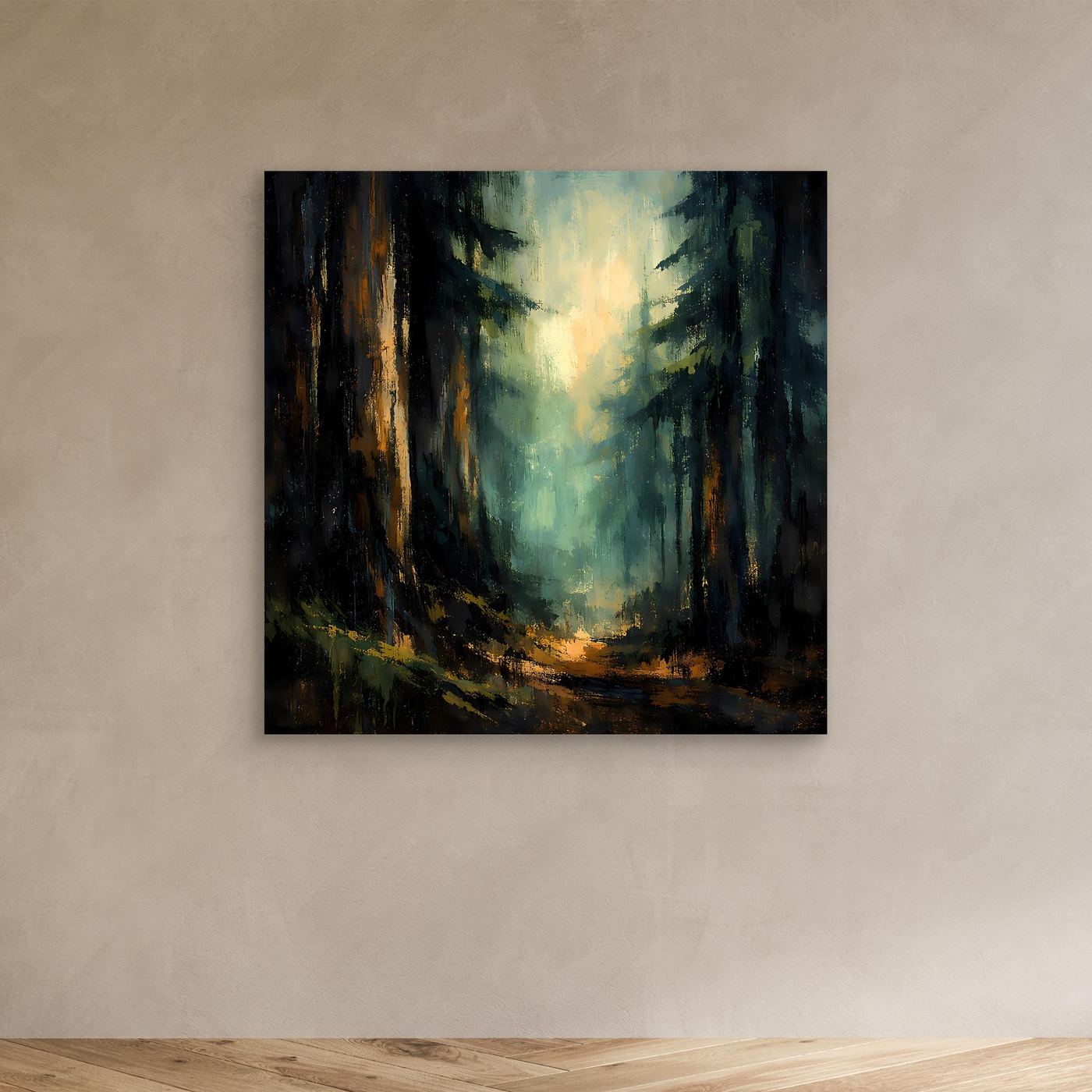 Abstraktes Leinwand-Wandbild: Tannenwald mit Lichtschein, ohne sichtbaren Rahmen