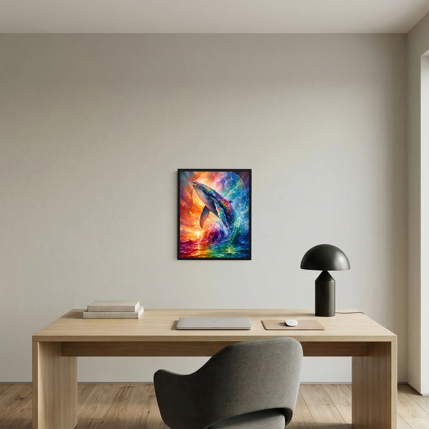 Poster im Hochformat mit Wal in Regenbogenfarben über Meer und leuchtendem Himmel