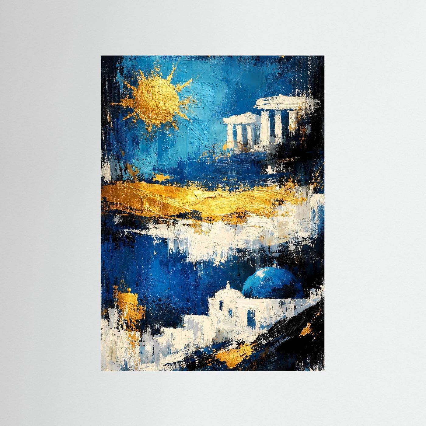 Abstraktes Poster mit blauem Hintergrund, goldener Sonne und weißen Tempel-Säulen.