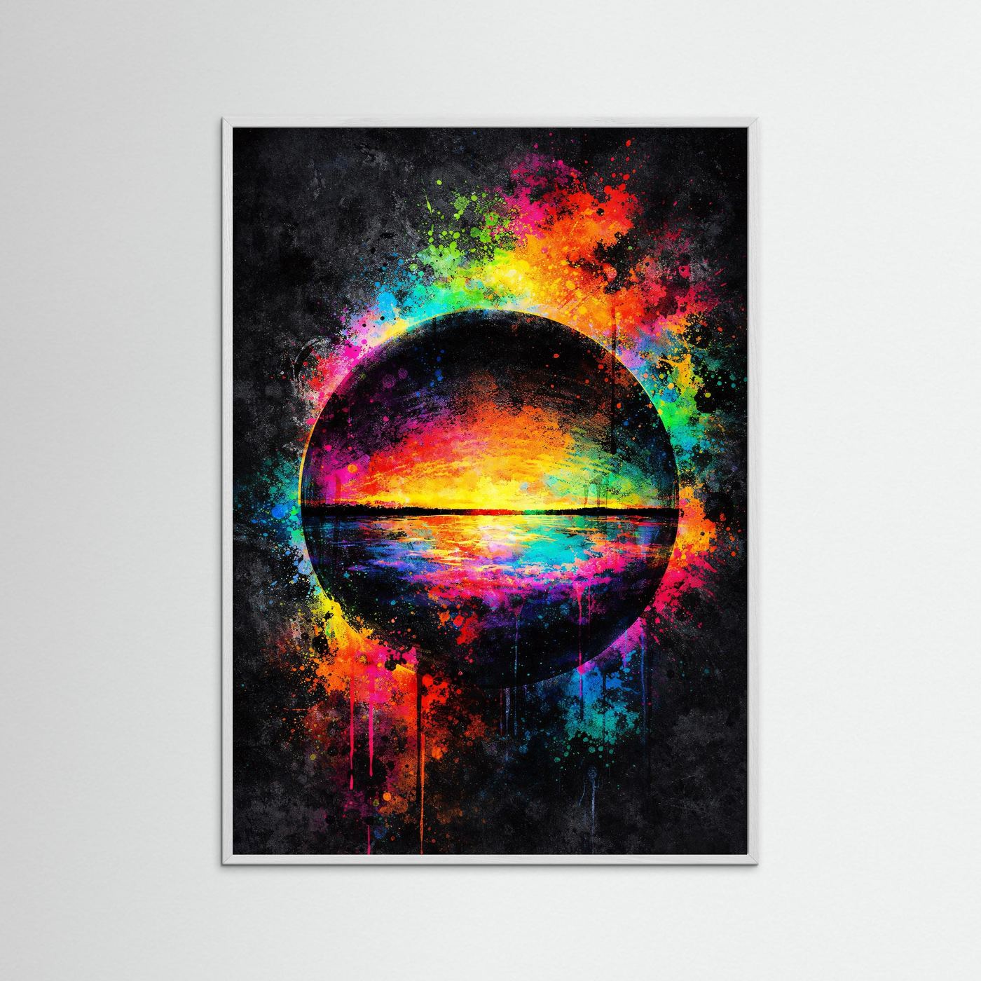 Abstraktes Kosmos-Poster im grauen Rahmen mit kreisförmigem Horizont und Farbspritzern