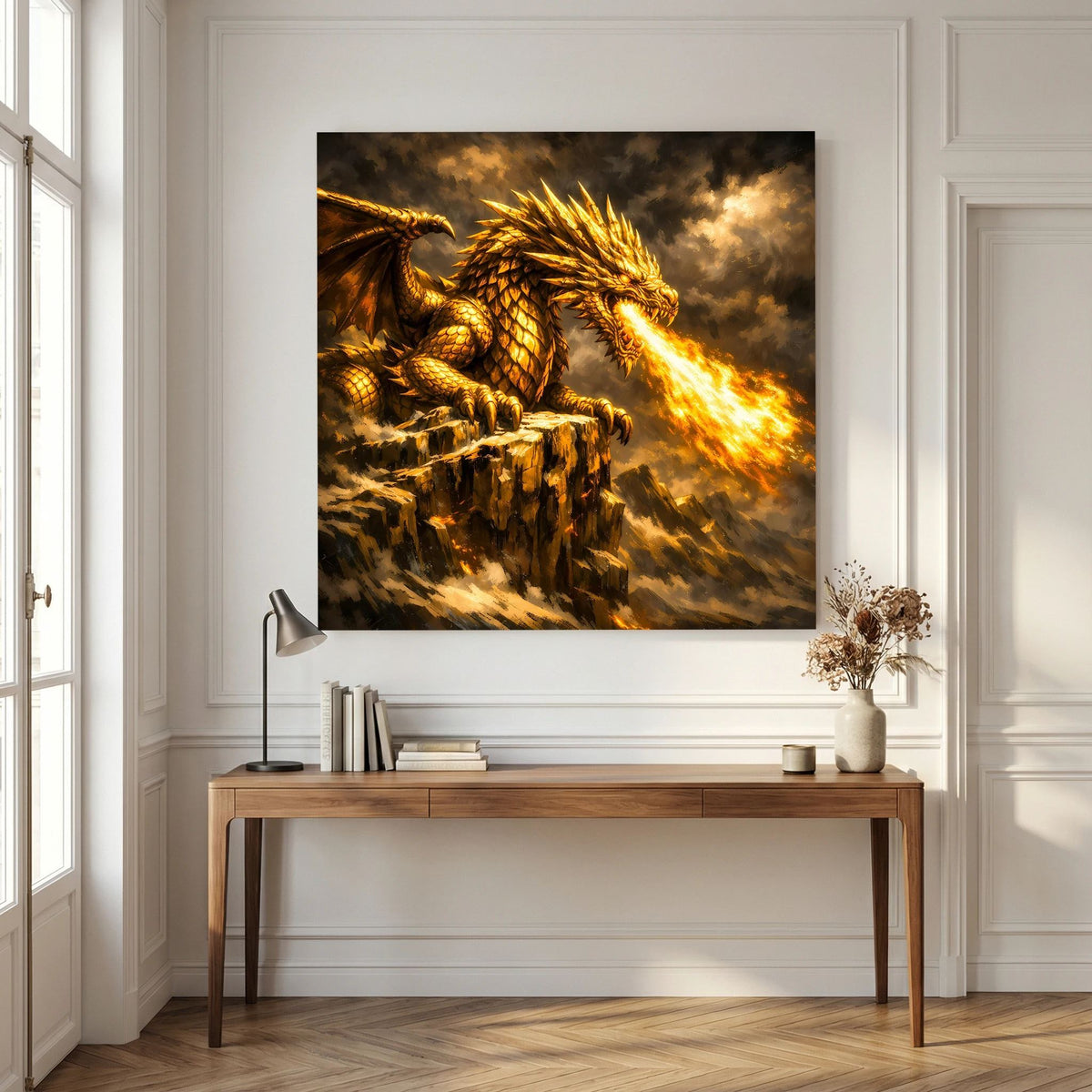 Fantasy-Wandbild: goldener Drache mit Flammenstrahl, auf Felsvorsprung, dunkler Rahmen