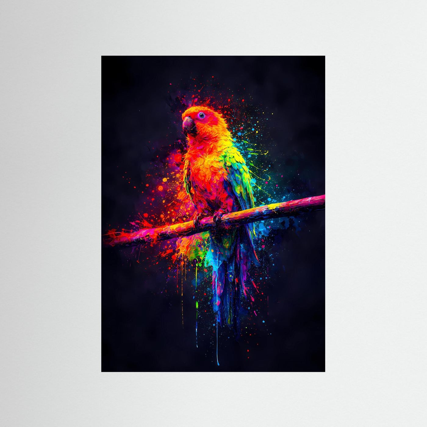 Tropische Farbexplosion | Neon Papagei Poster in bunten Regenbogenfarben | Abstraktes Kunstposter Hochformat