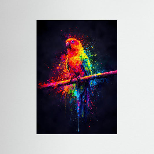 Tropische Farbexplosion | Neon Papagei Poster in bunten Regenbogenfarben | Abstraktes Kunstposter Hochformat