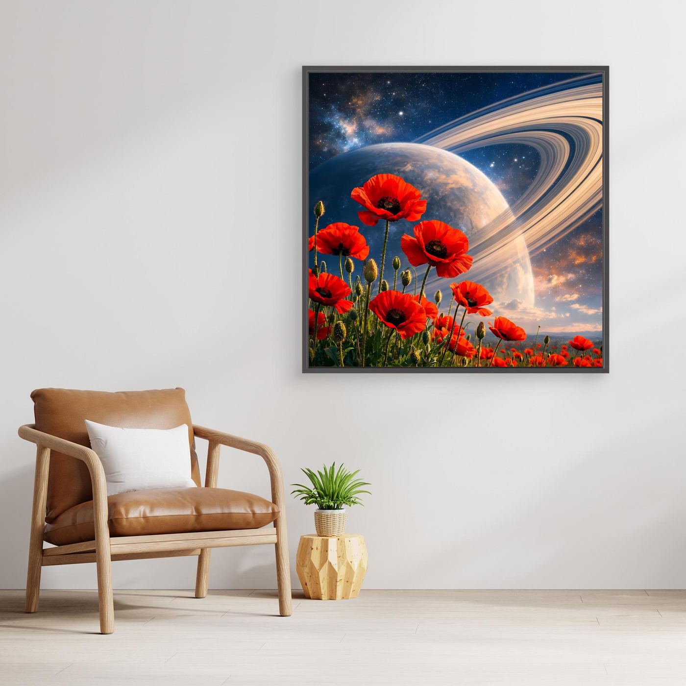 Leinwandbild: rote Mohnblumen am Rand, Planet und Spiralnebel im Weltraum