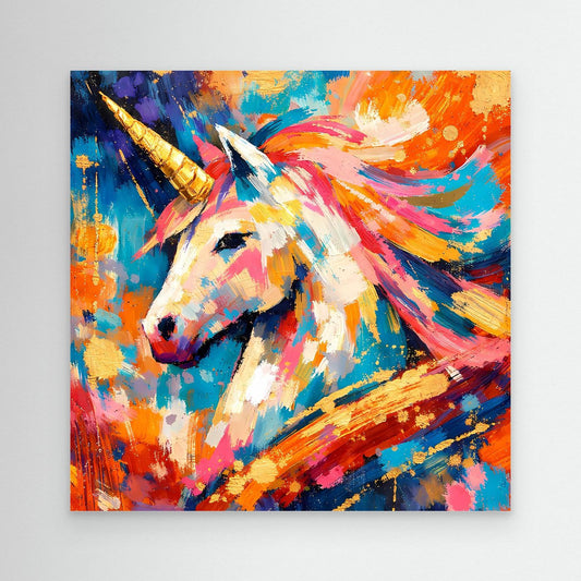 Leinwandbild mit abstraktem Einhorn, goldenes Horn, bunte Pinselstriche, weißer Rand