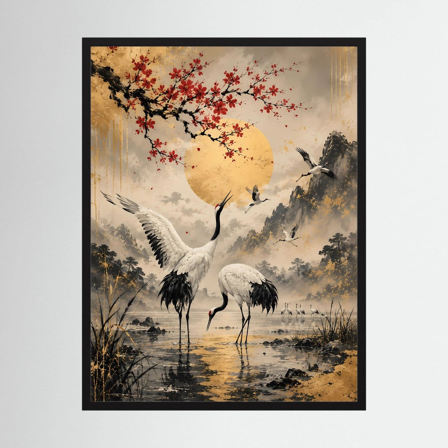 Hochformat-Poster mit Kranichen, goldener Sonne und roten Blüten im Landschaftsstil