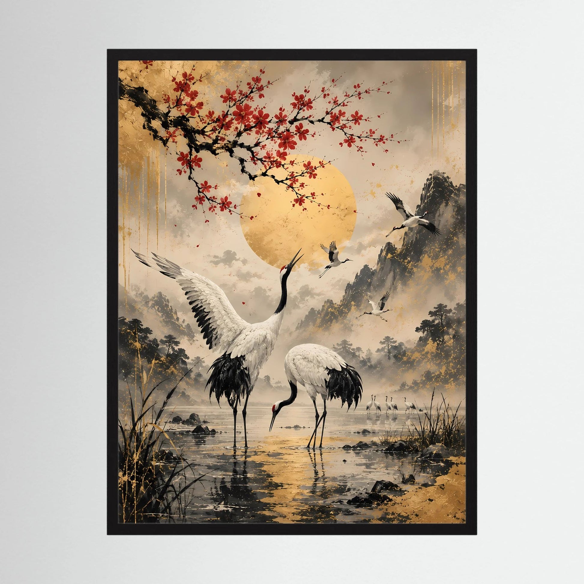 Hochformat-Poster mit Kranichen, goldener Sonne und roten Blüten im Landschaftsstil