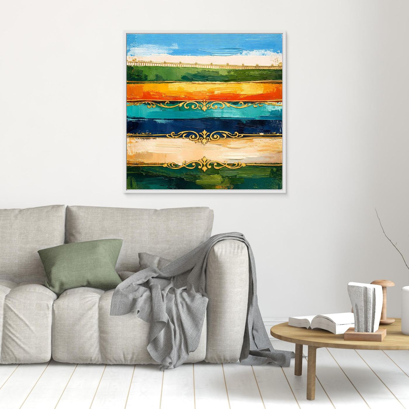 Leinwand Elegante Abstrakte Farbstreifen | Modernes Wandbild mit Goldornamenten