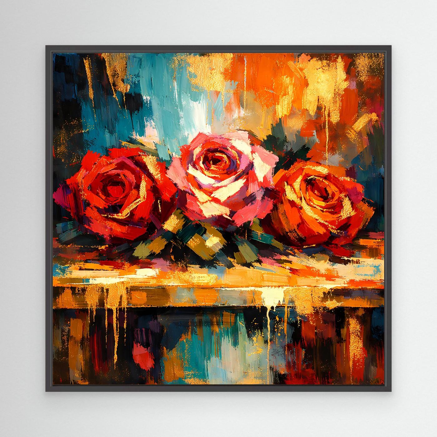 Abstraktes Rosen-Leinwandbild mit bunten Pinselstrichen, schwarzer Rahmen