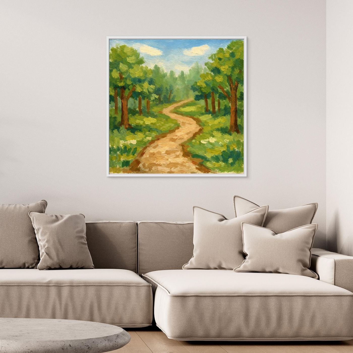 Leinwandbild mit impressionistischem Waldweg im Grünen, weißer Rahmen