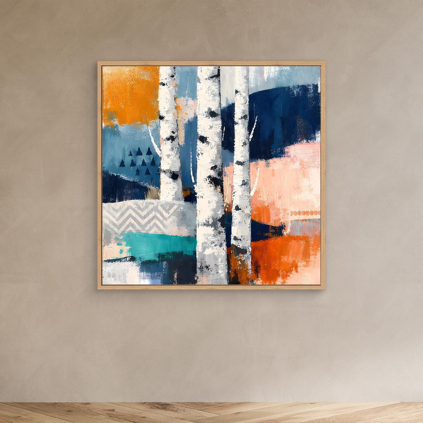Abstraktes Leinwandbild Birkenwald-Motiv mit hellem Holzrahmen, orange-blaue Farbmischung