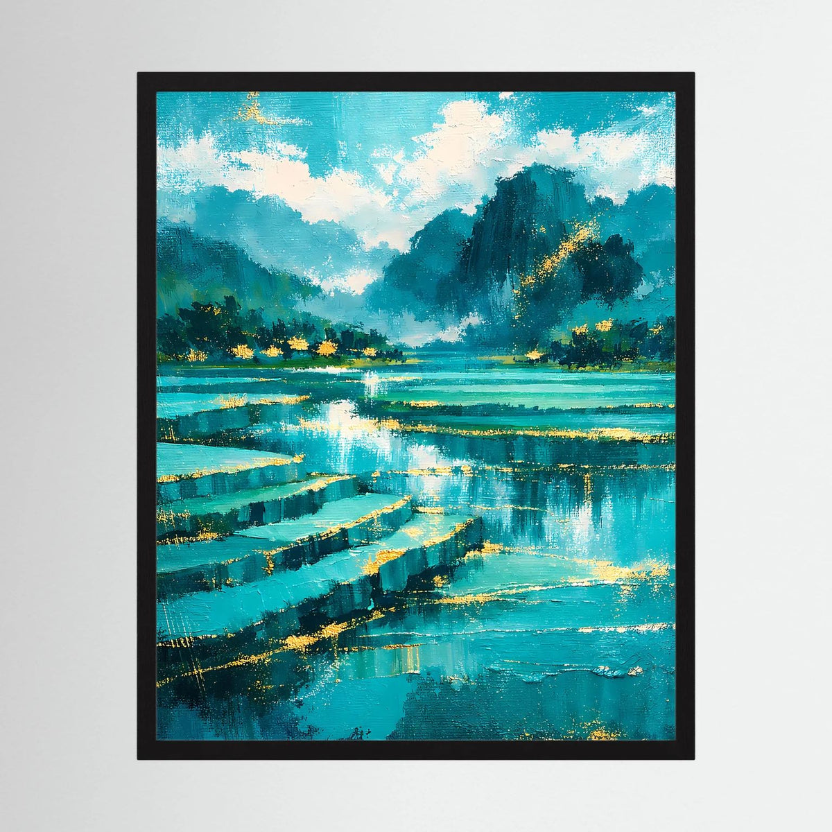 Hochformatiges Poster mit abstrakter Landschaft, türkisfarbenem Fluss und Bergen im schwarzen Rahmen