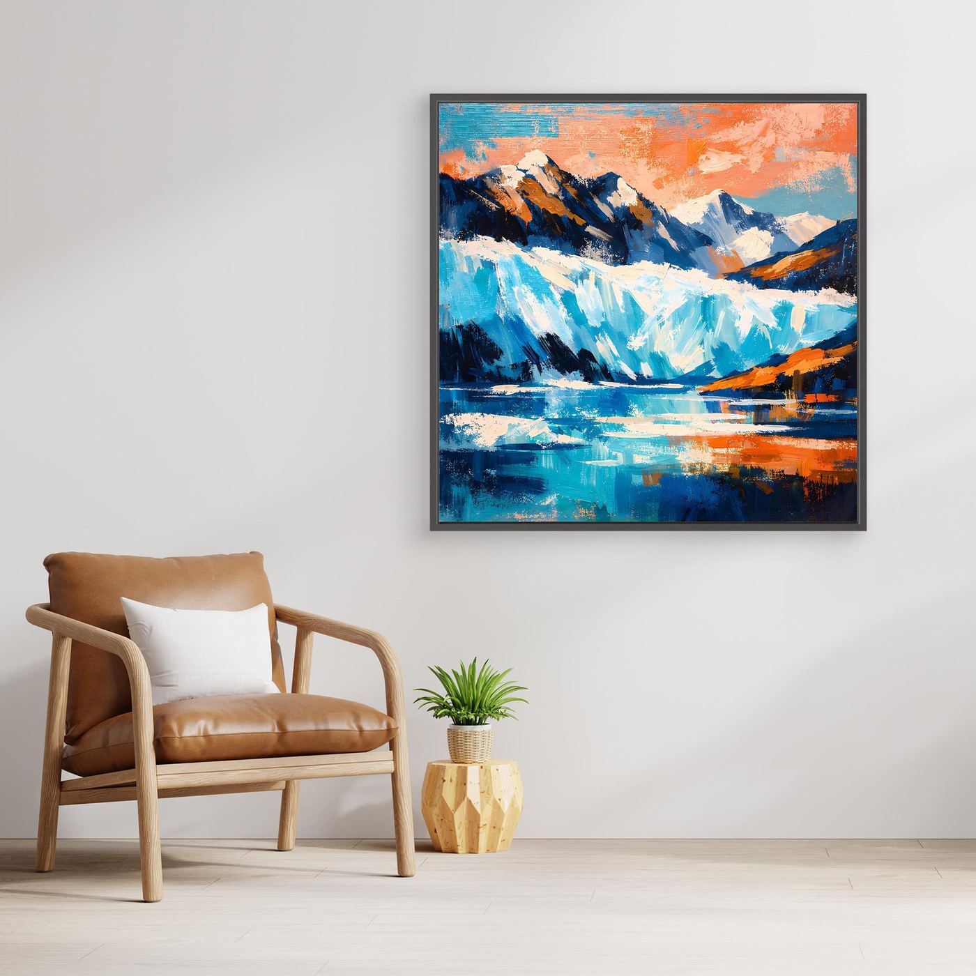 Schmal schwarz gerahmtes Leinwand-Wandbild mit Gletscher- und Bergmotiv, türkisblauem See.
