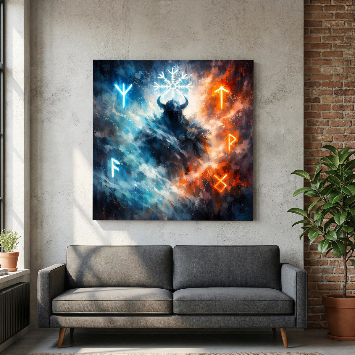 Wandbild auf Leinwand: Wikinger-Silhouette mit Schneeflocke und leuchtenden Runen, blau/orange