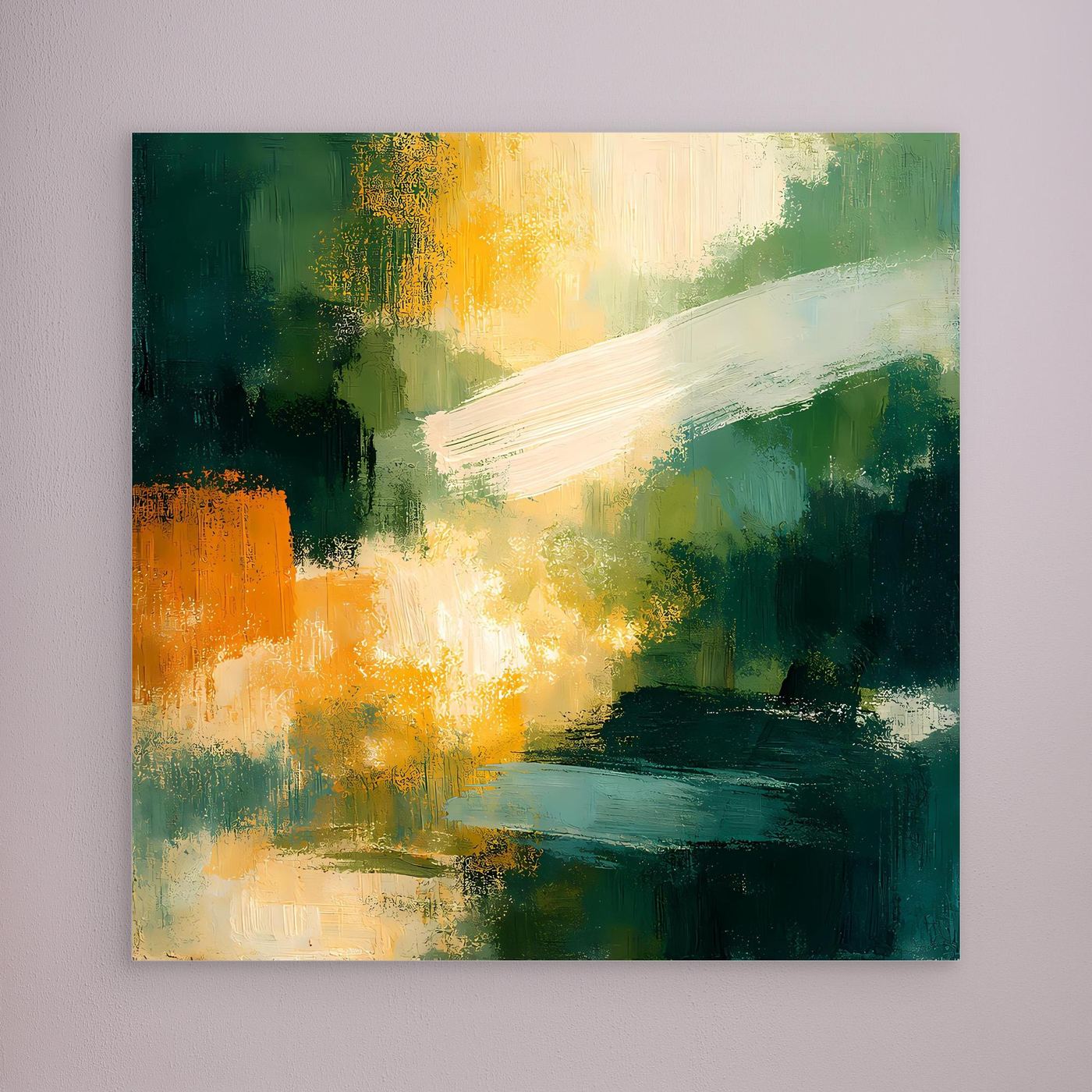 Abstraktes Wandbild mit grünen Farbfeldern und orange-gelbem Akzent ohne Rahmen sichtbar