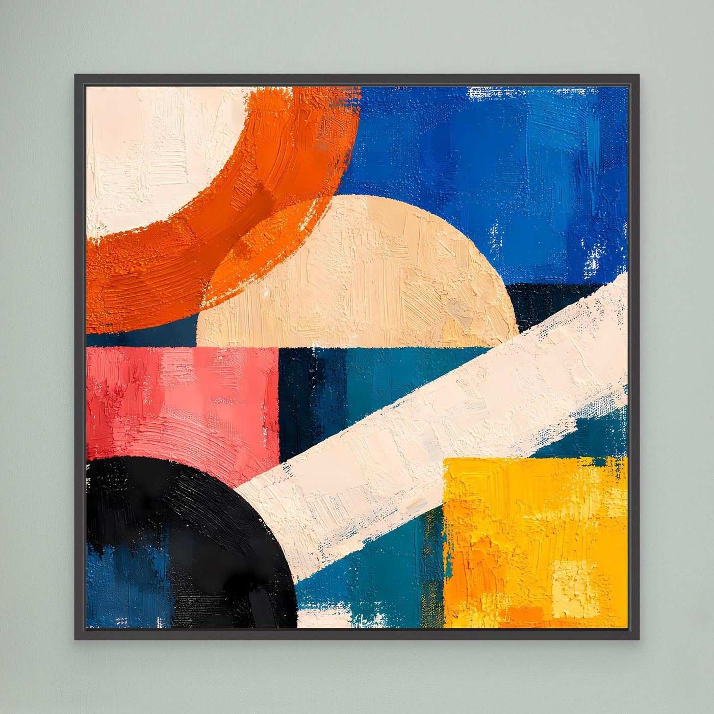 Abstract geometric canvas wall art with dark frame, blue orange red and yellow forms