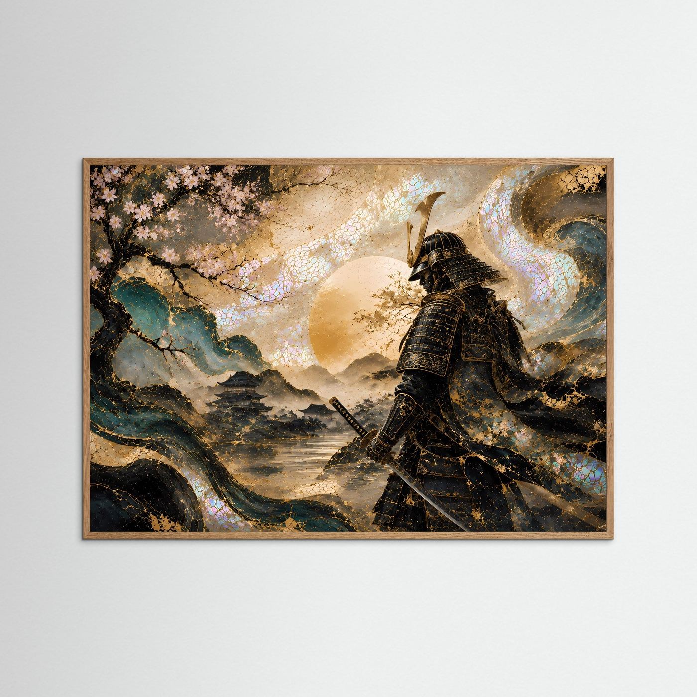 Gerahmte Wandkunst: Samurai in Rüstung, Kirschblütenzweig, goldene Landschaft, heller Holzrahmen