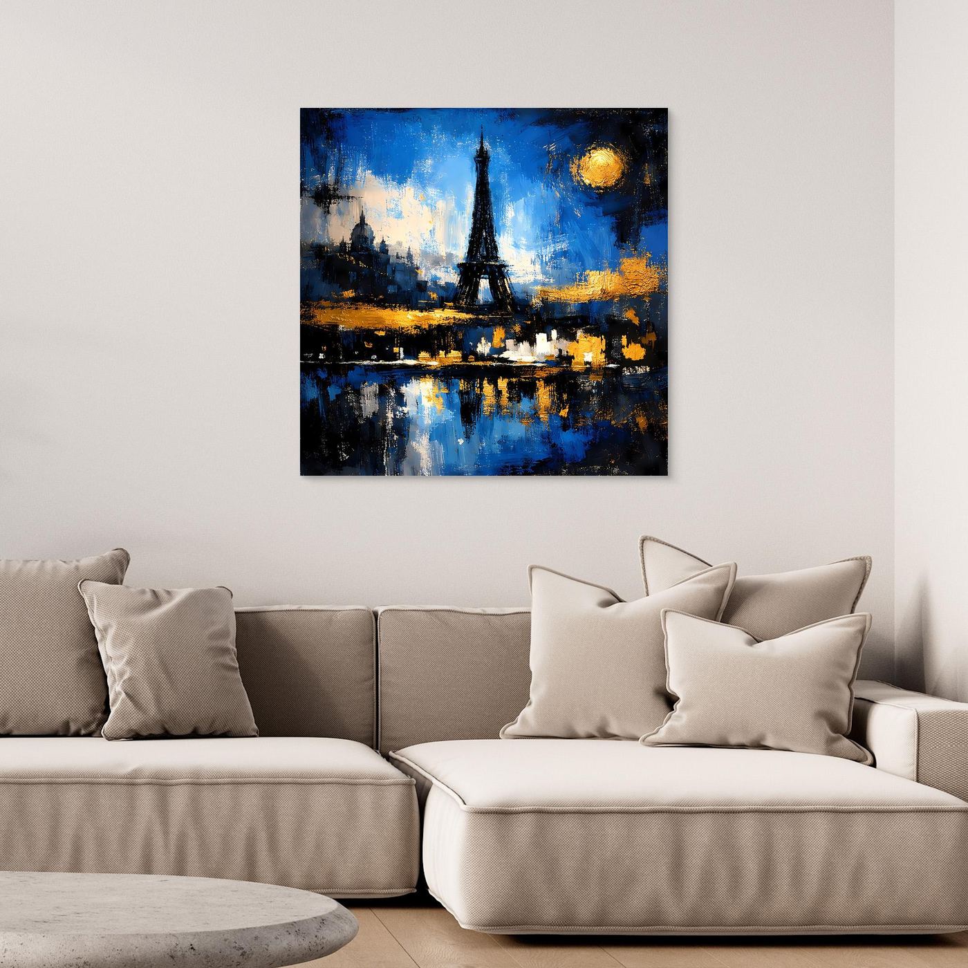 Gerahmtes Leinwandbild mit Eiffelturm-Motiv, blauem Nacht-Himmel und gelbem Mond