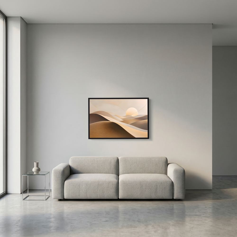 Wüstenlandschaft-Poster im Querformat, Sanddünen in Beige und Braun, schwarzer Rahmen