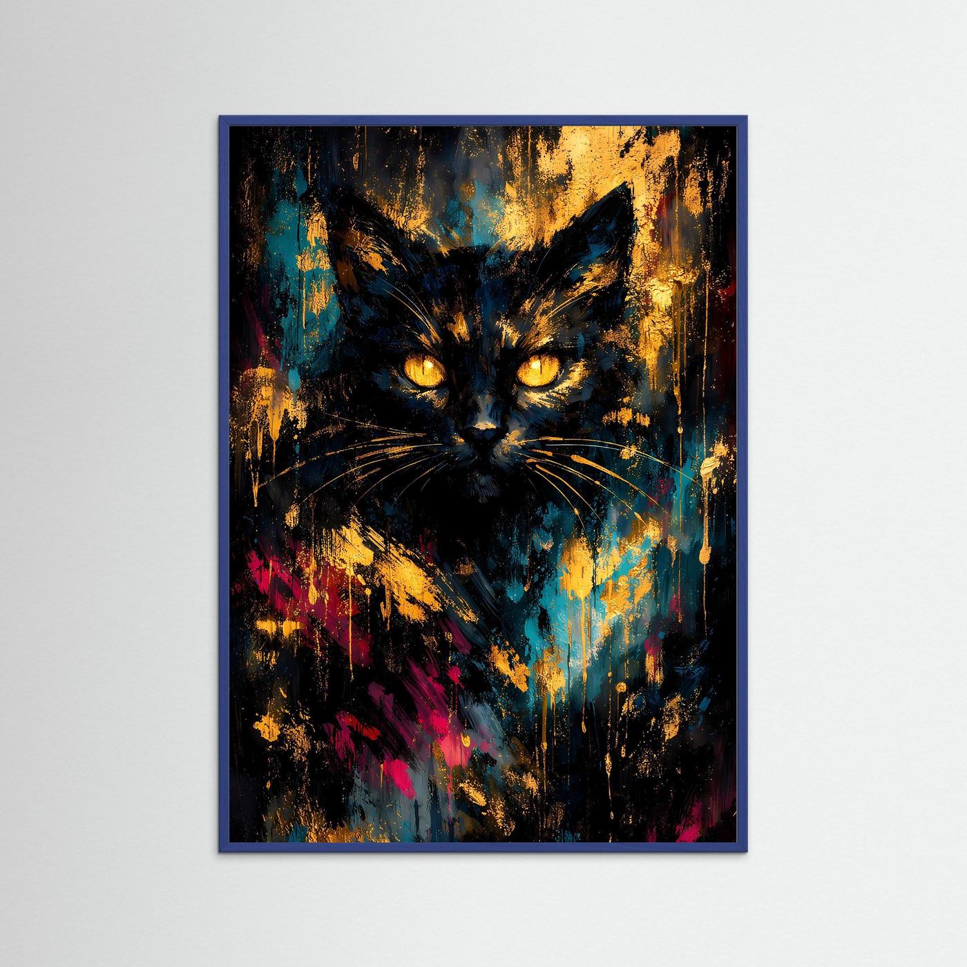 Abstraktes Katzen-Poster mit leuchtenden Augen, türkis-goldene Farben, blauer Rahmen