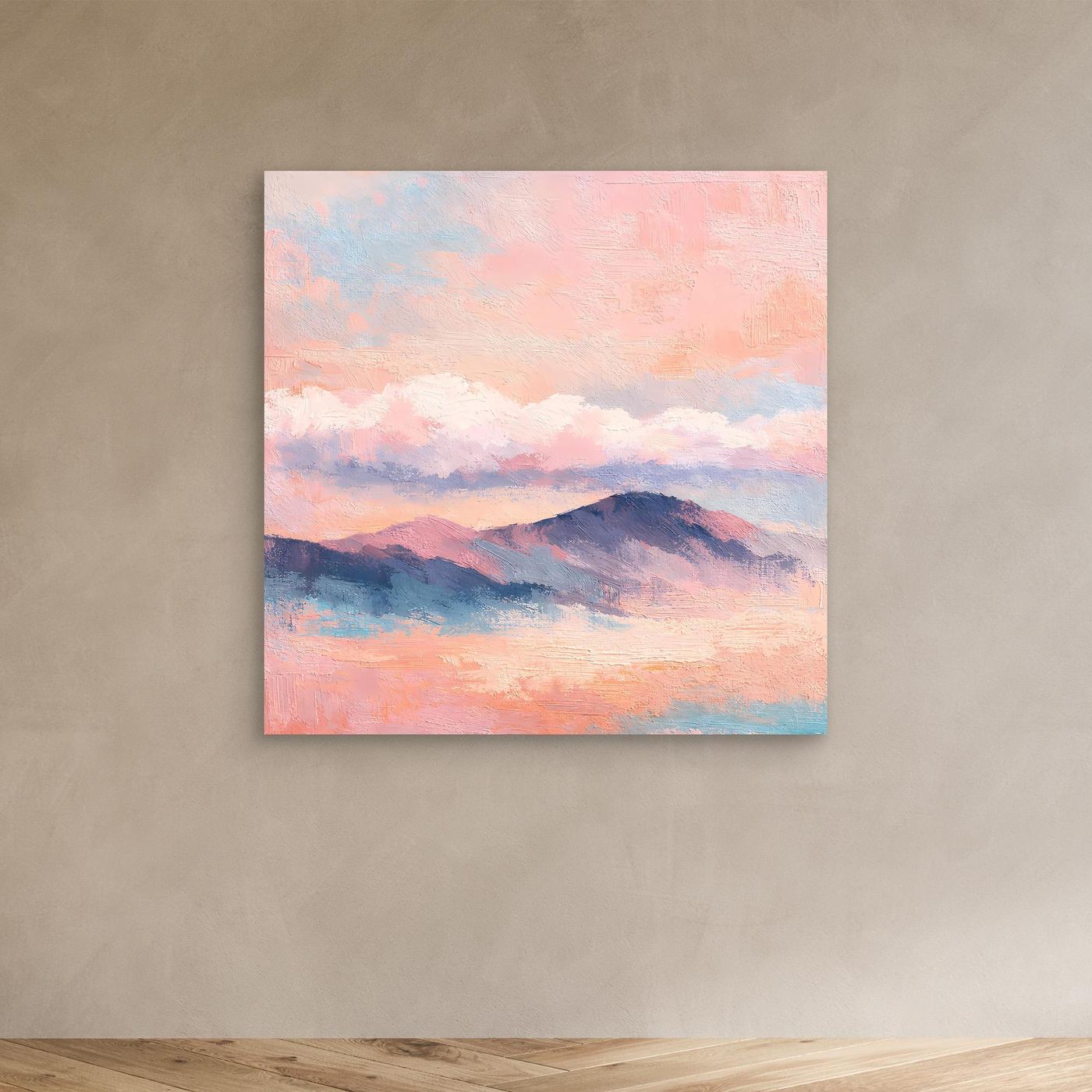 Quadratisches Leinwand-Wandbild mit pastellfarbenen Bergen und Sonnenuntergangshimmel