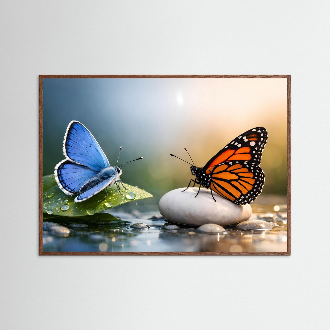 Naturposter Querformat mit blauen und orangefarbenen Schmetterlingen im braunen Rahmen