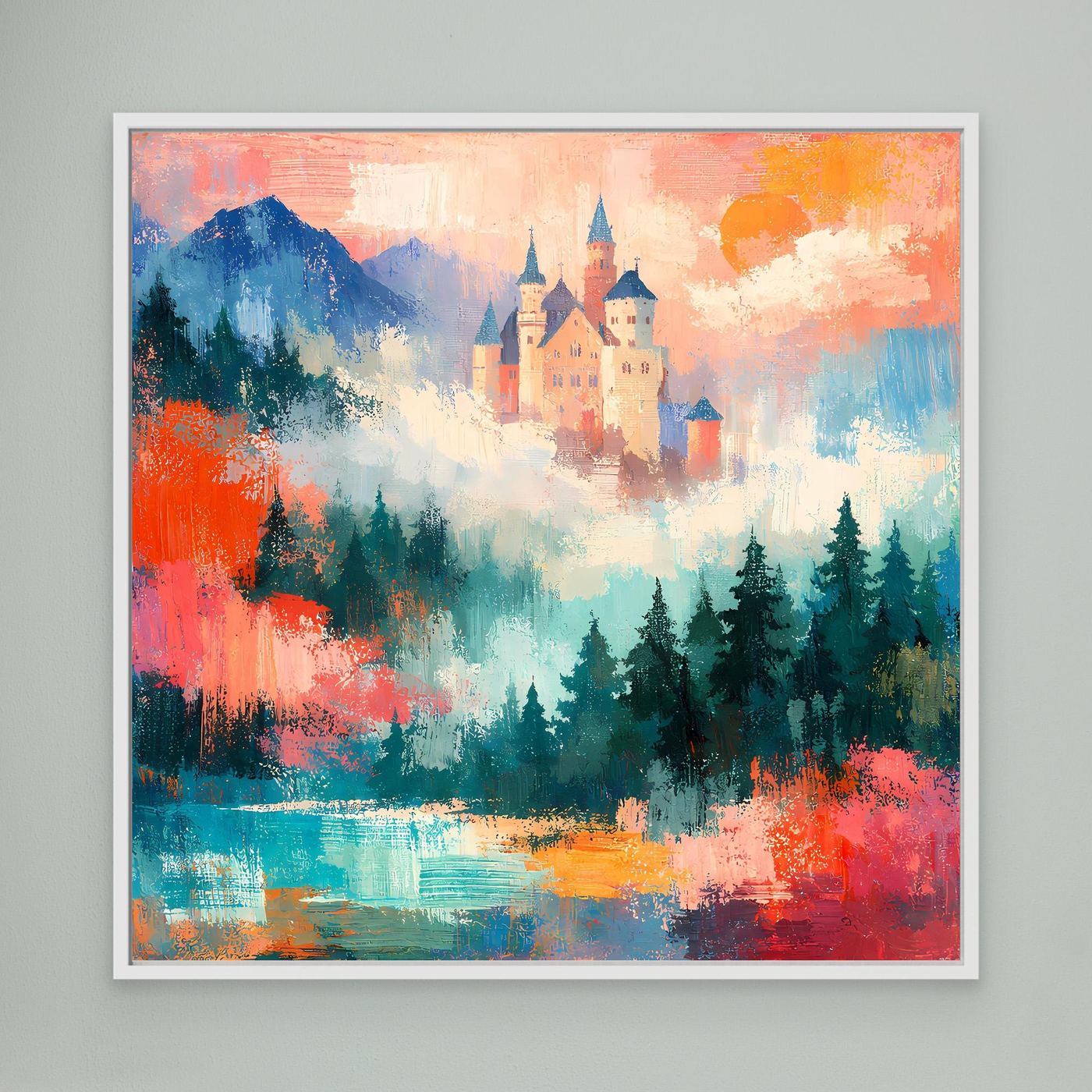 Abstraktes Leinwand-Wandbild mit Schloss und Bergsee, weiß gerahmt