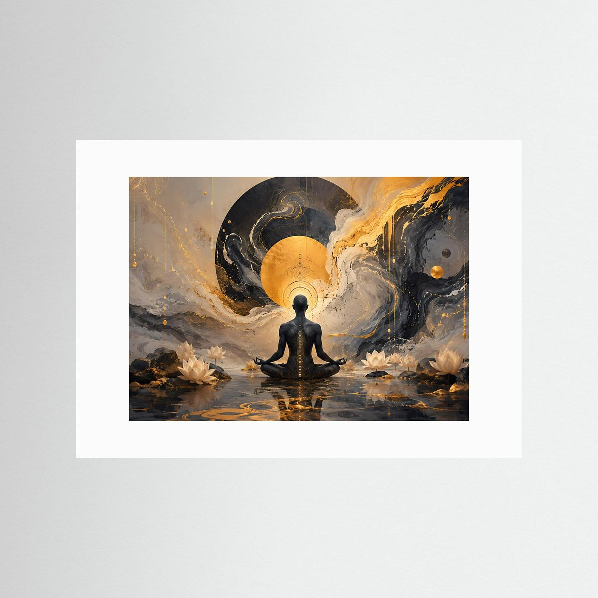 Meditationsposter mit schwarzer Buddha-Silhouette und goldener Spirale, ohne Rahmen