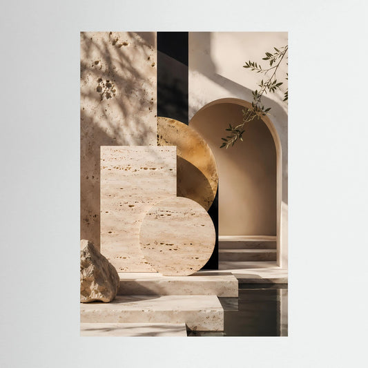 Kunstposter im Hochformat mit beige-goldener Architekturansicht und Steinpodest