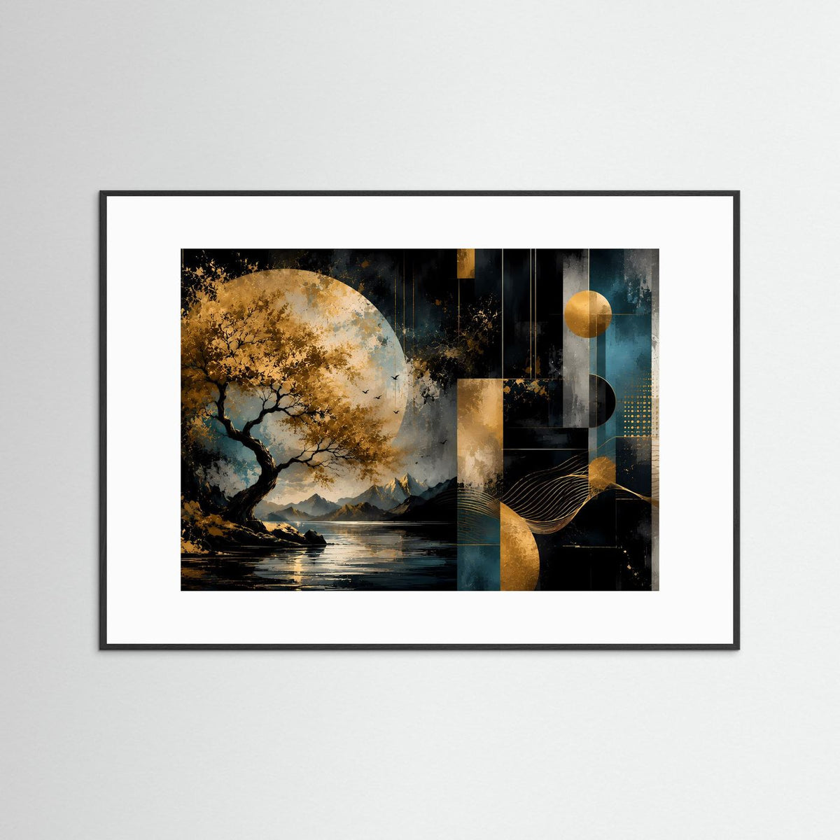 Poster im Querformat mit weißem Passepartout und schwarzem Rahmen, Baum, Mond und goldene Formen