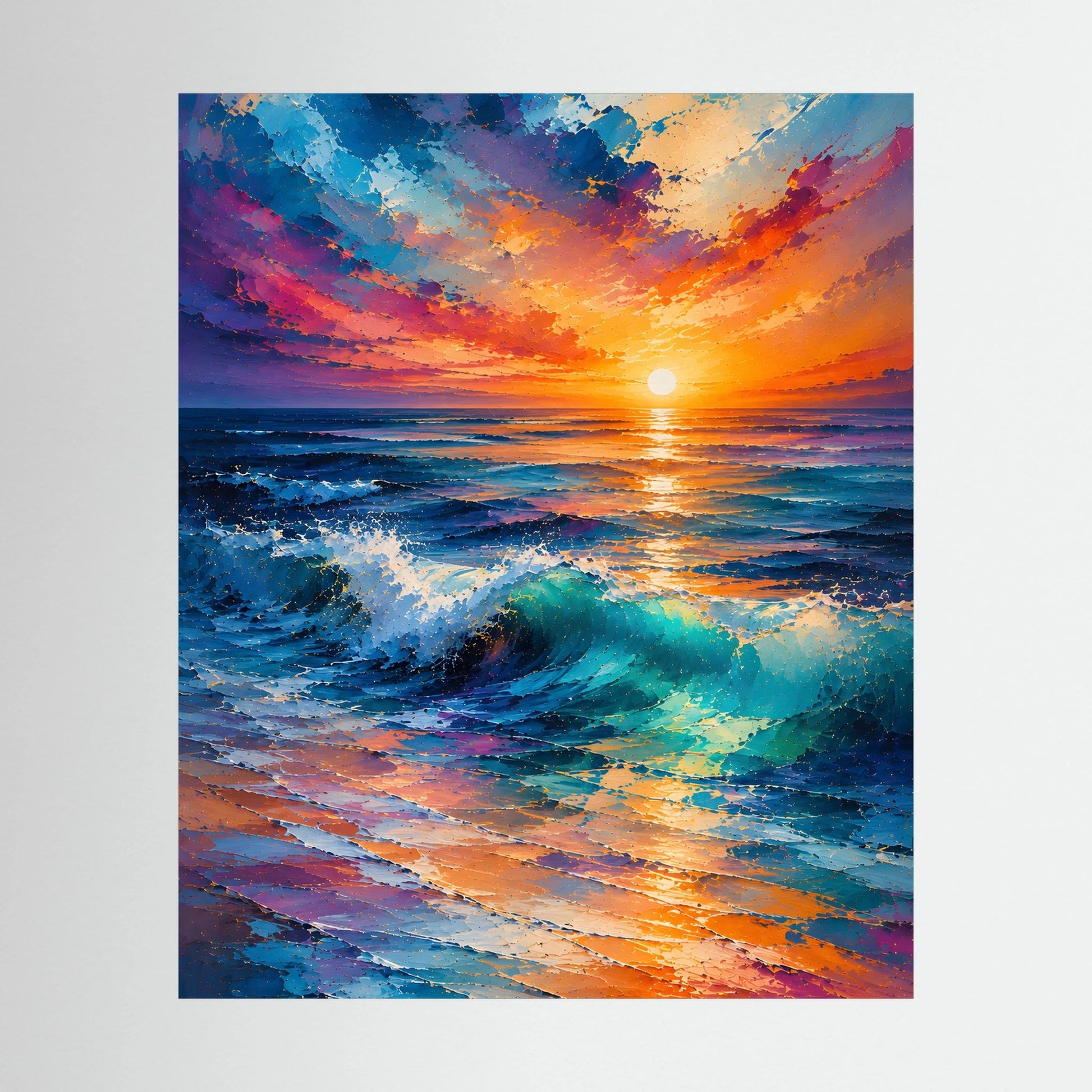 Poster Hochformat mit Sonnenuntergang am Meer: farbige Wellen in Blau und Orange