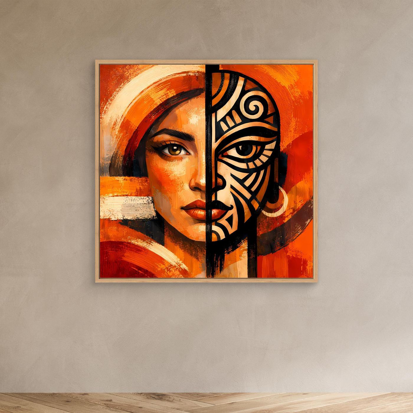 Leinwandbild mit Frauenporträt und Maskenhälfte, orange/rot, schwarz-grafische Muster, Holzrahmen