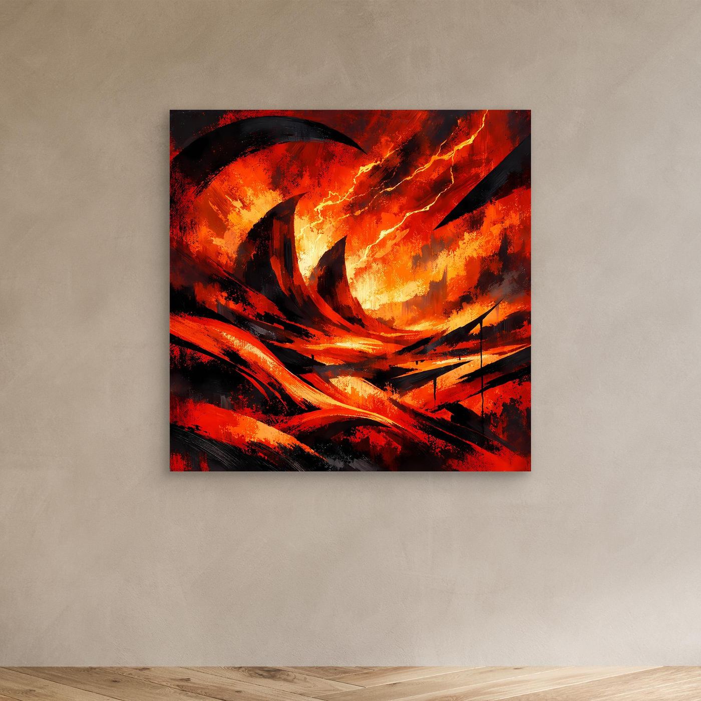 Kleines abstraktes Lava-Wandbild ohne Rahmen, rot-orange, schwarze Blitzlinien