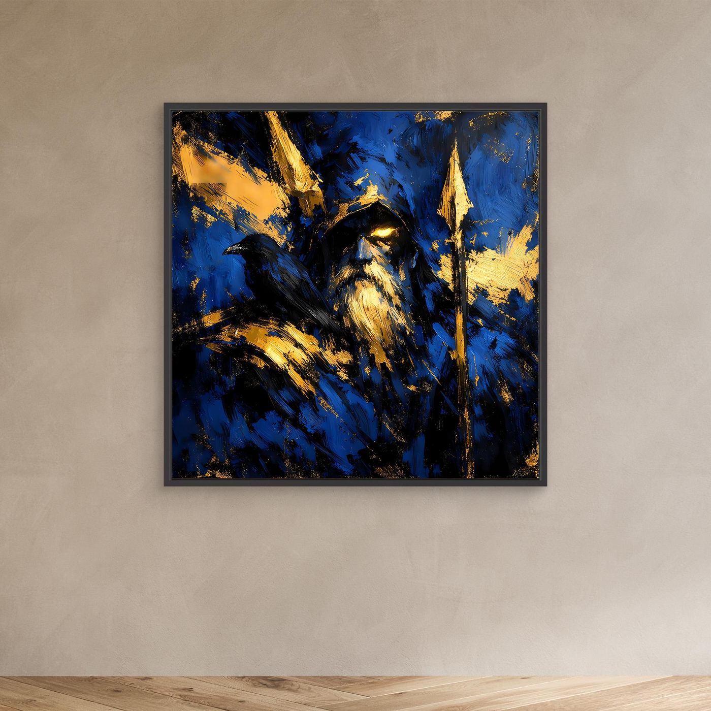 Leinwand Odin der Allvater in Blau und Gold | Modernes Nordische Mythologie Wandbild mit Rabe