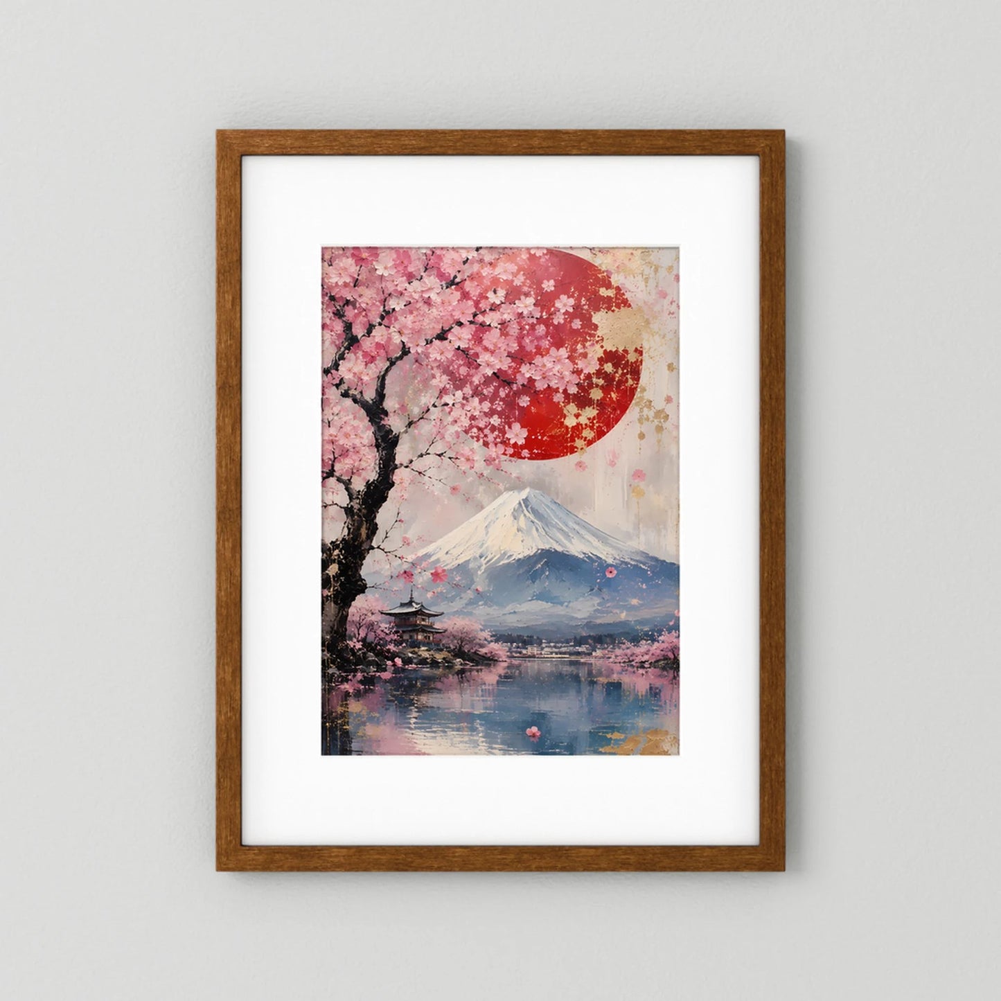 Hochformatiges Poster mit Kirschblüten, roter Sonne und Fuji-Bergmotiv über See, brauner Holzrahmen und weißer Rand