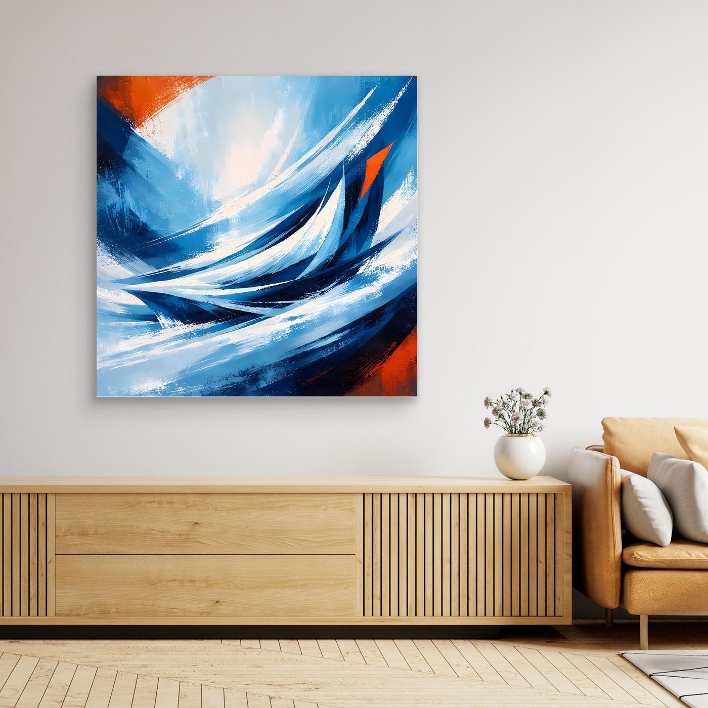 Abstraktes Leinwandbild mit blauen, geschichteten Wellenformen und orangefarbenen Flächen, Hochformat