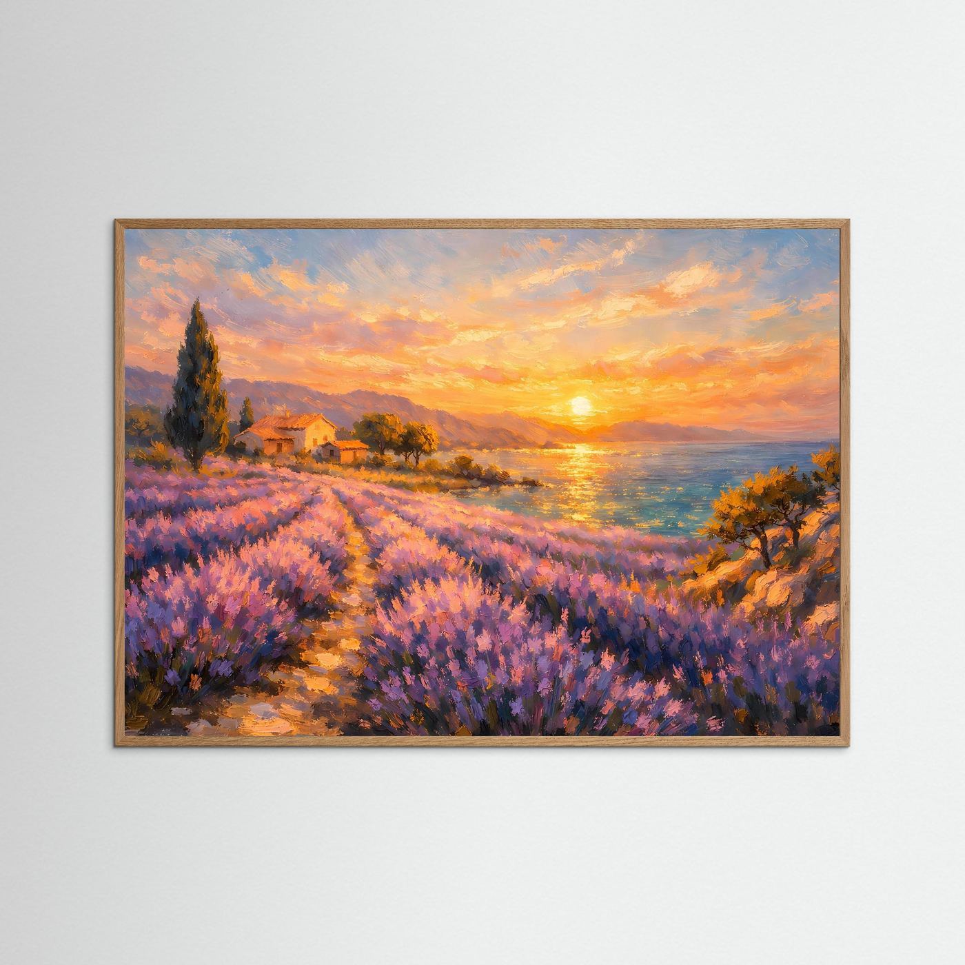 Malerisches Lavendelfeld am Meer bei Sonnenuntergang | Provence Landschaft Wandbild & Kunst Poster Querformat
