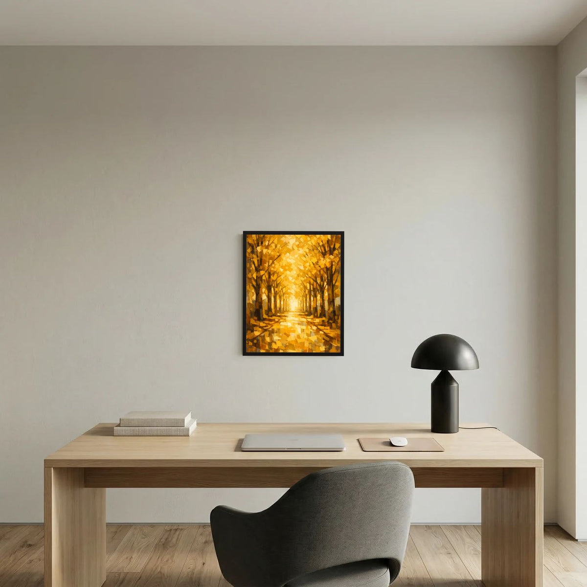Hochformatiges Wandbild im schwarzen Rahmen mit goldener Baumallee im Herbstwald