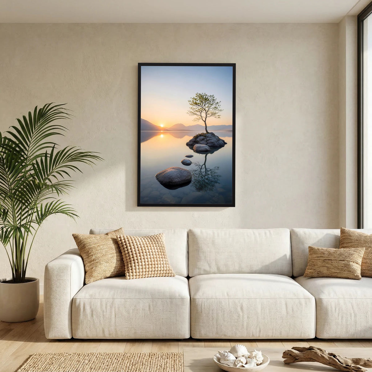 Baum im Bergsee bei Sonnenuntergang | Ruhige Natur mit Spiegelung | Poster Hochformat