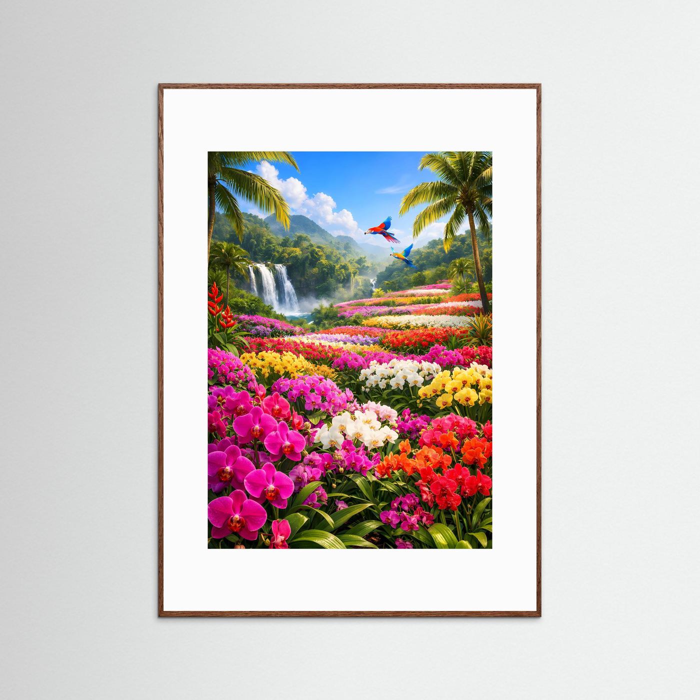 Orchideen-Tal Poster: Wasserfall, Palmen und bunte Blumen, im braunen Rahmen
